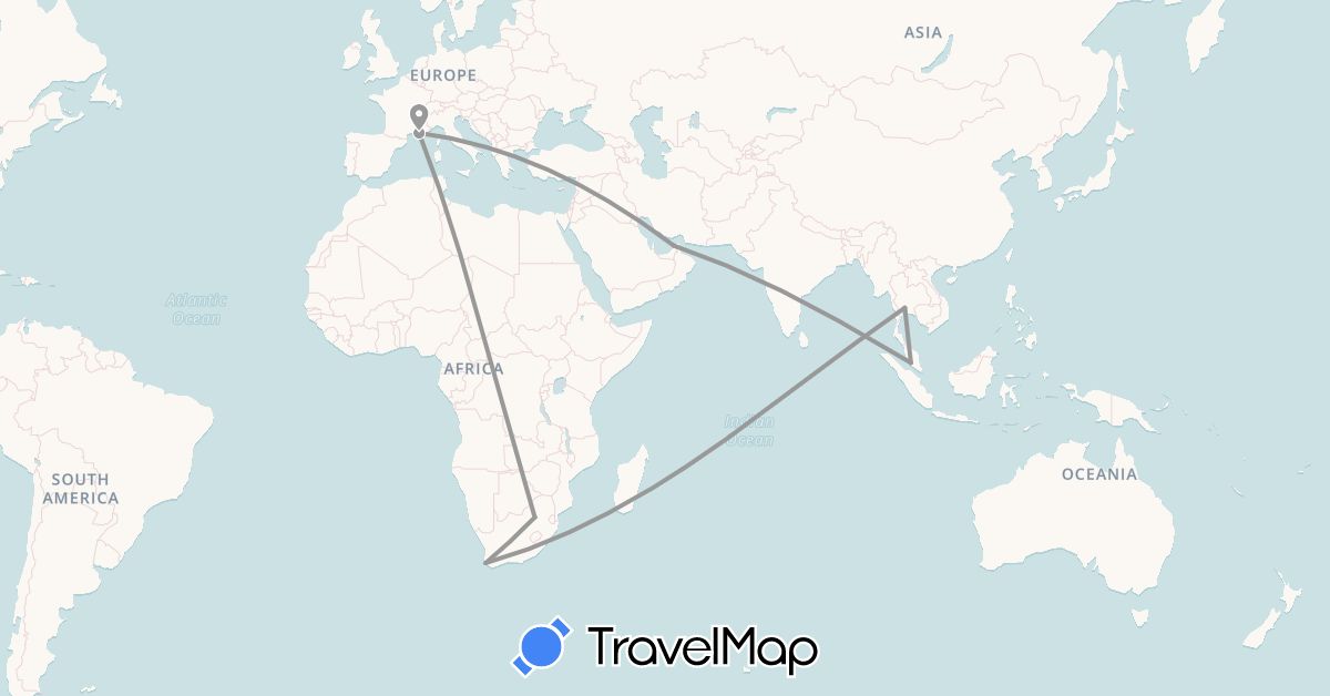 TravelMap itinerary: driving, plane in United Arab Emirates, France, Malaysia, Thailand, South Africa (Africa, Asia, Europe)